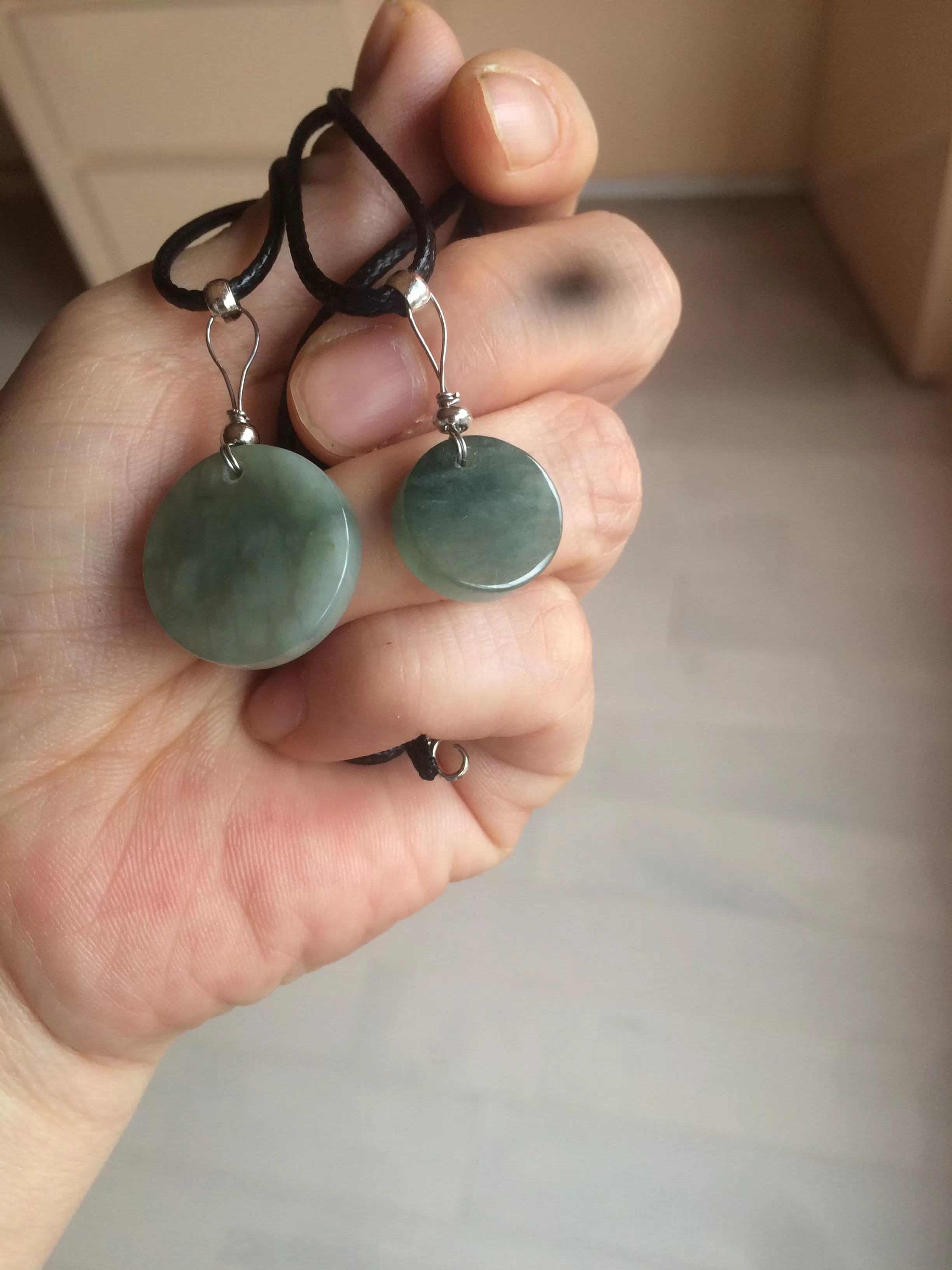 100% natural  icy watery dark green/gray jadeite jade safe and sound couple pendant pair BG4