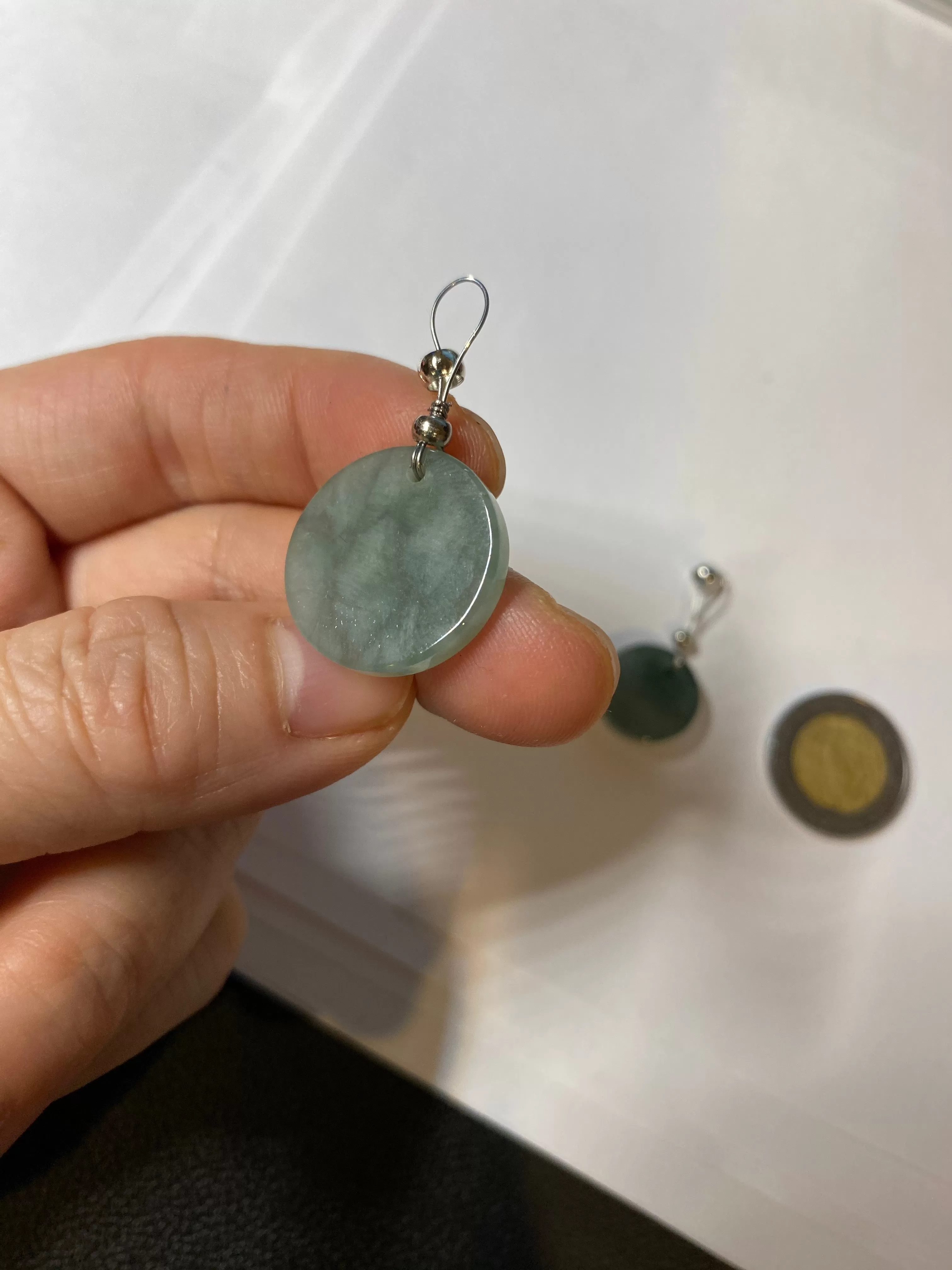 100% natural  icy watery dark green/gray jadeite jade safe and sound couple pendant pair BG4