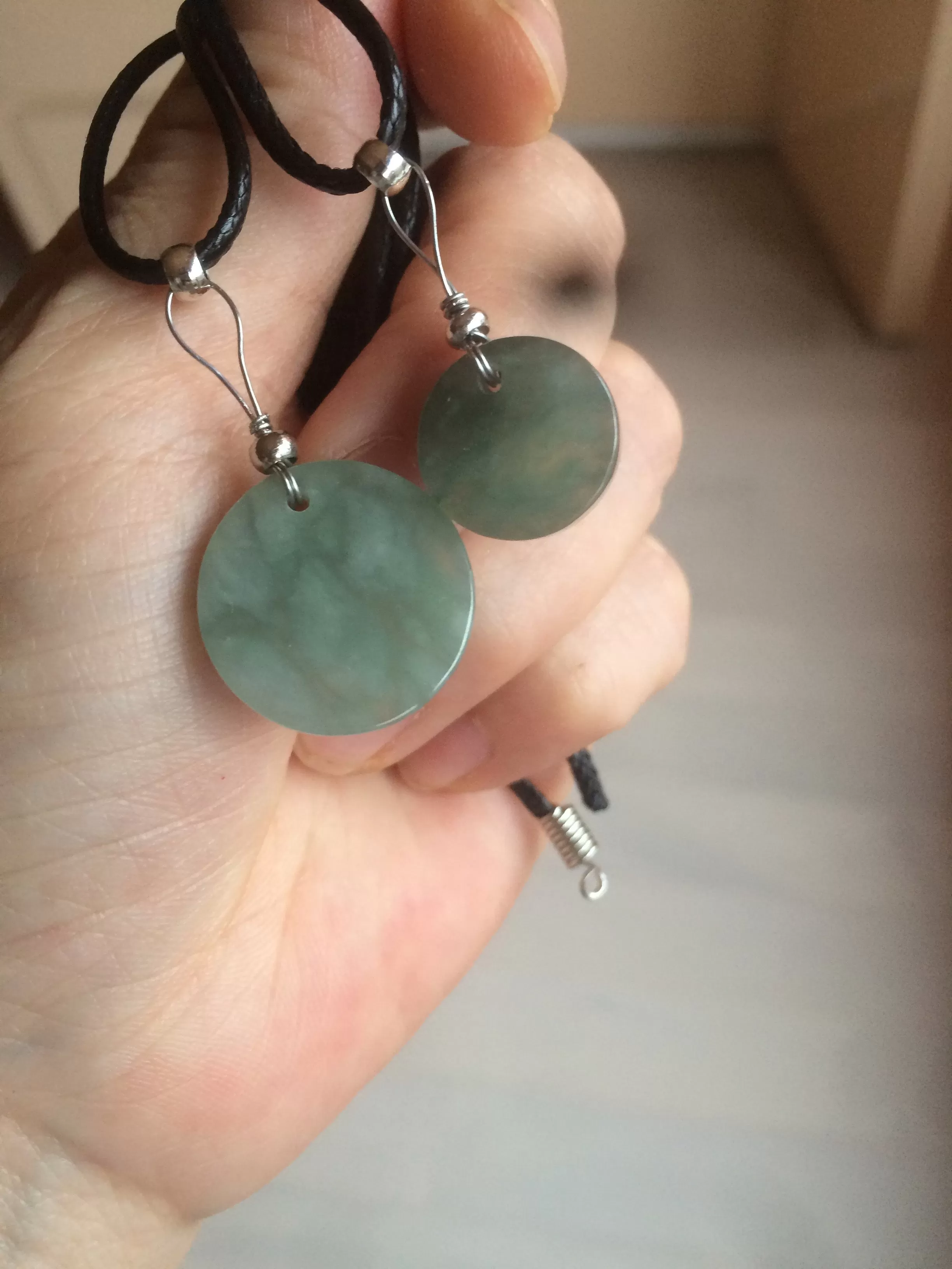 100% natural  icy watery dark green/gray jadeite jade safe and sound couple pendant pair BG4