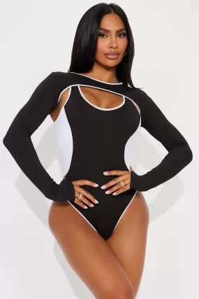 Beach Games Long Sleeve Shrug 1 Piece Swimsuit - Black/White