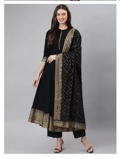 Black Gold Anarkali Kurti Palazo Dupatta Set of 3