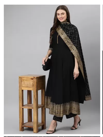 Black Gold Anarkali Kurti Palazo Dupatta Set of 3