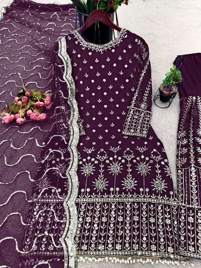 Dark Wine Designer Georgette Heavy Sequence Work Sharara Suit set