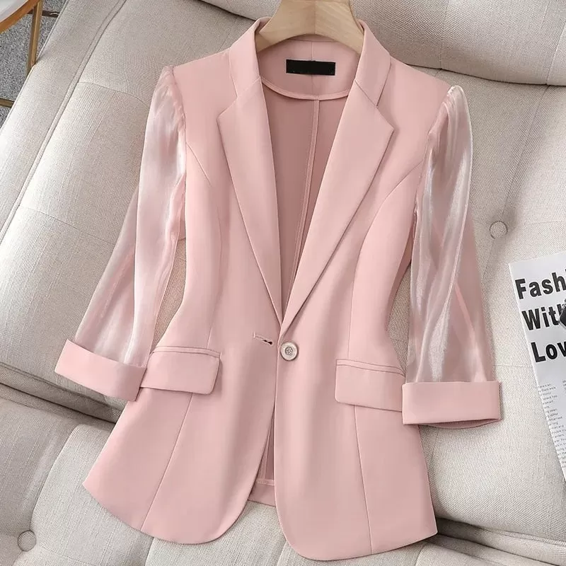 GRACE Design Women's Fashion Solid Color One Button Pink Blazer Suit Jacket