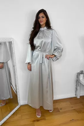 Lantern Sleeves High Neck Satin Modest Dress