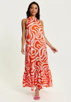 Liquorish Pink And Red Abstract Print Halter Neck Maxi