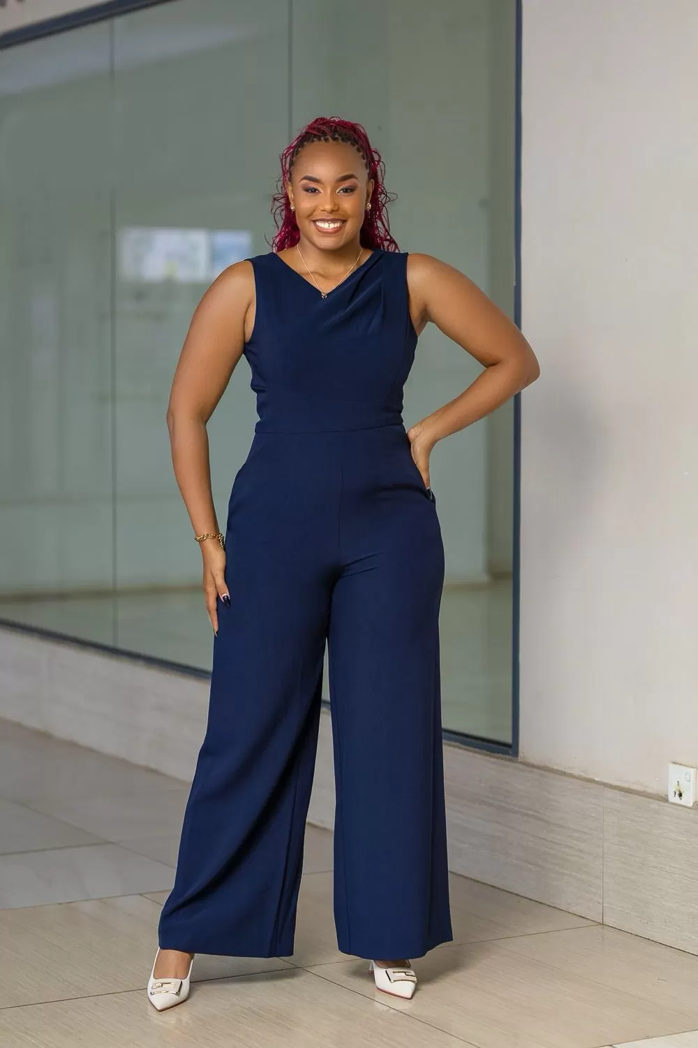 Navy blue sleeveless jumpsuit