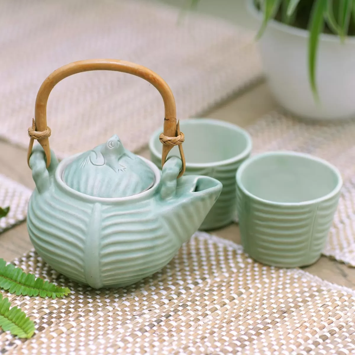 Novica Banana Frog Ceramic Tea Set (Set For 2)