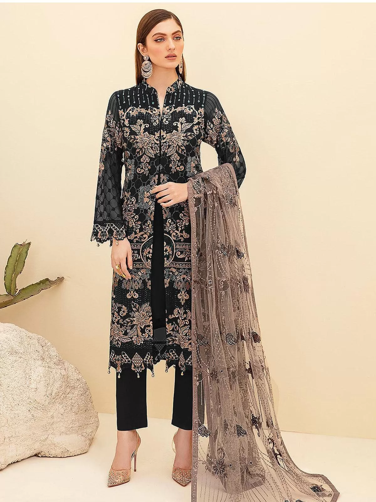 Odette Women Black Heavy Embroidered Women Semi Stitched Slawar Suit Set