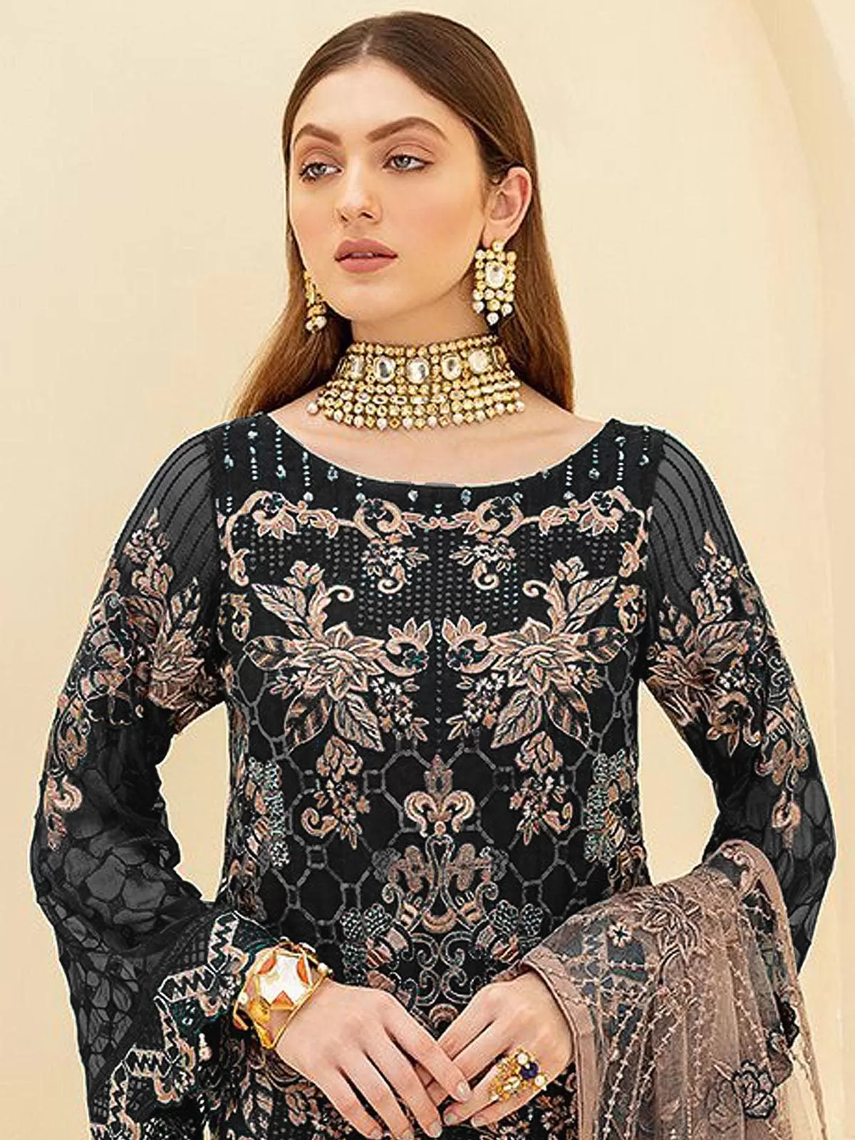 Odette Women Black Heavy Embroidered Women Semi Stitched Slawar Suit Set