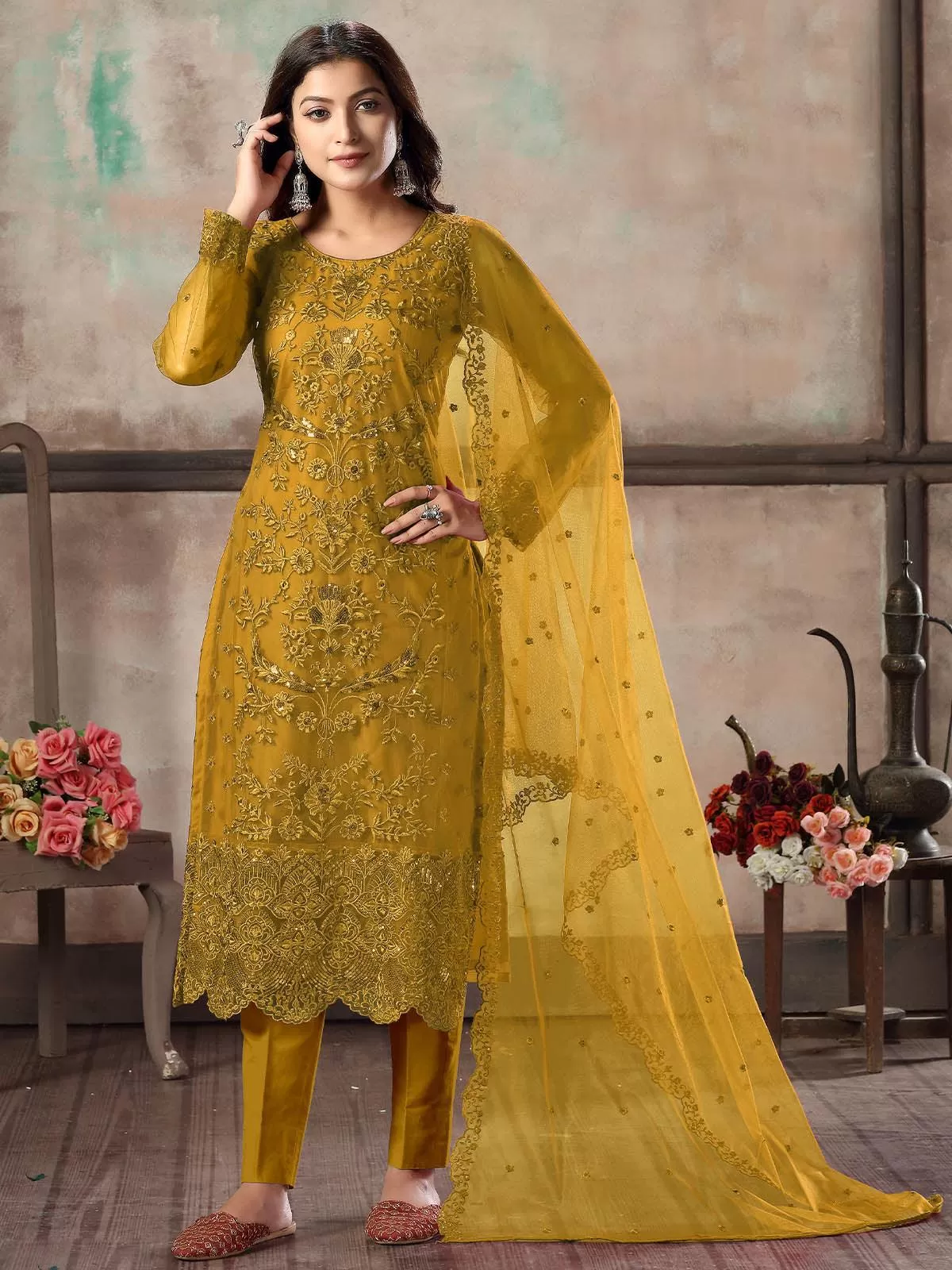 Odette Women Women Mustard Net Semi Stitched Salwar Suit