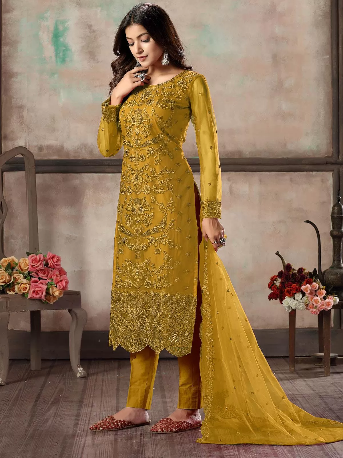 Odette Women Women Mustard Net Semi Stitched Salwar Suit