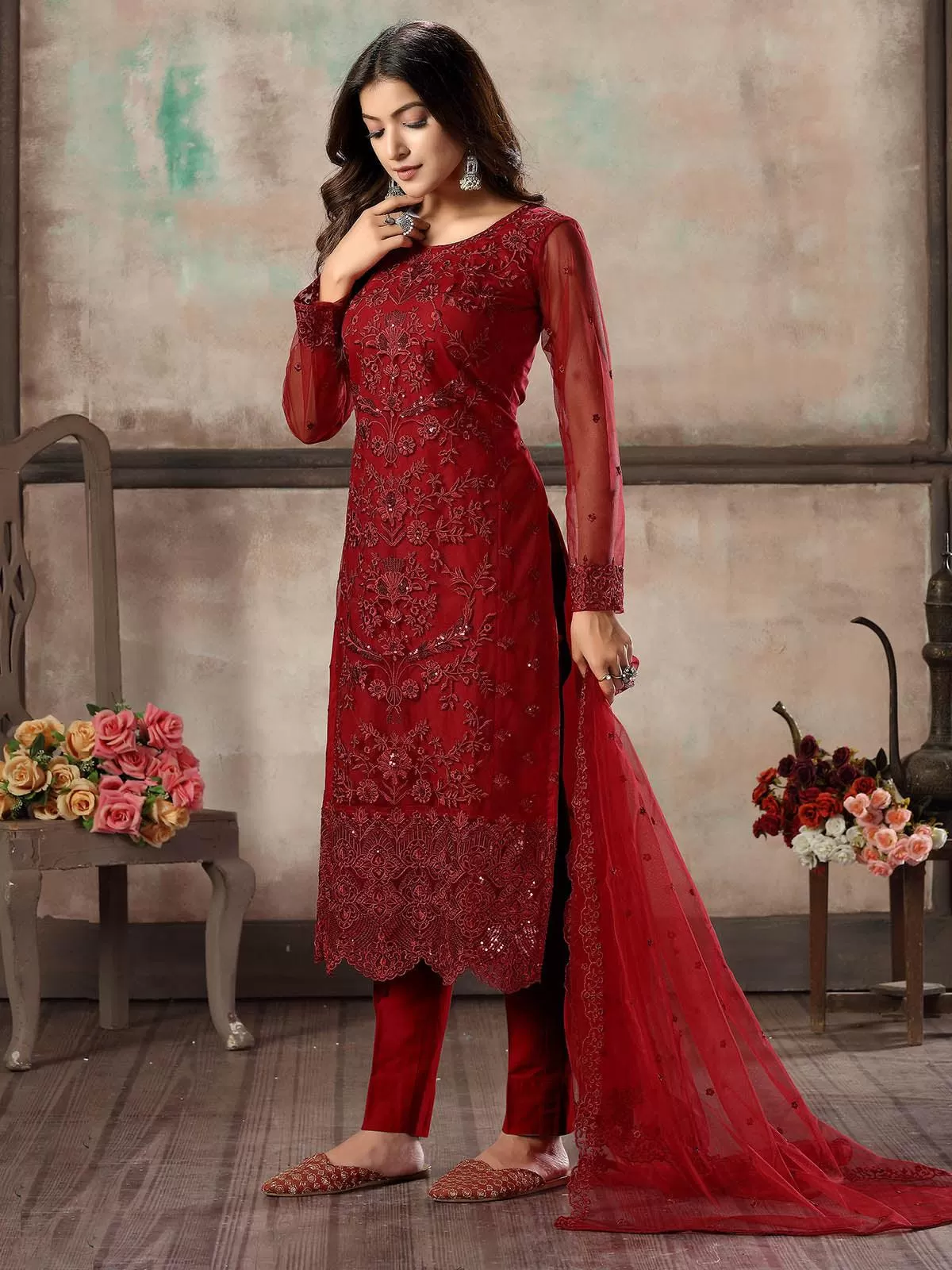 Odette Women Women Red Net Semi Stitched Salwar Suit