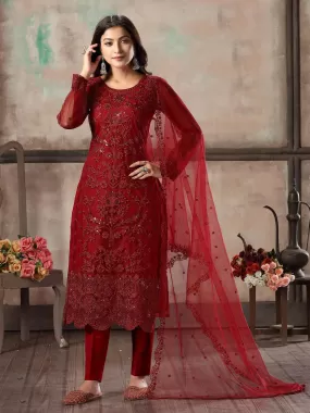 Odette Women Women Red Net Semi Stitched Salwar Suit