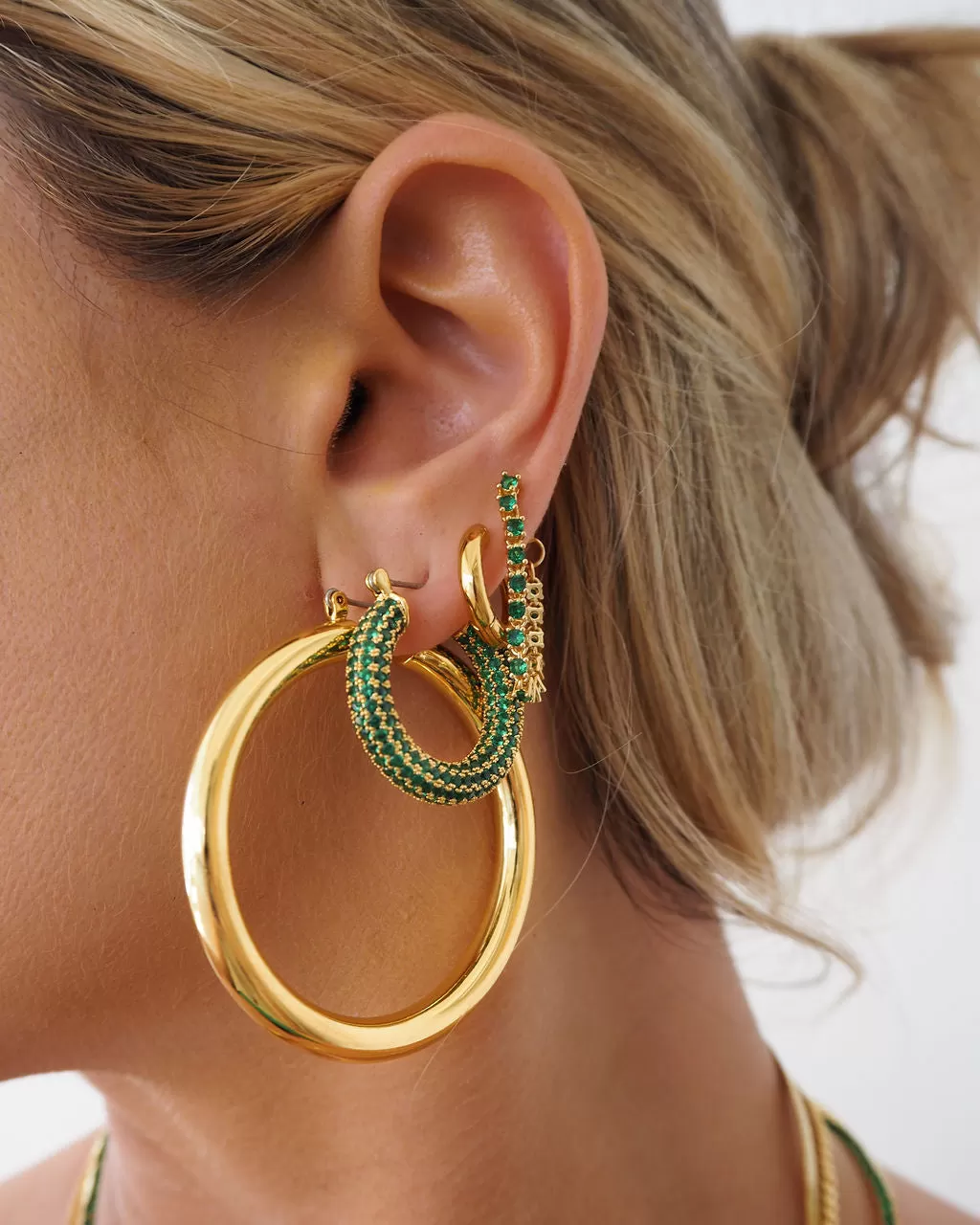 Pave Baby Amalfi Hoops- Emerald Green- Silver