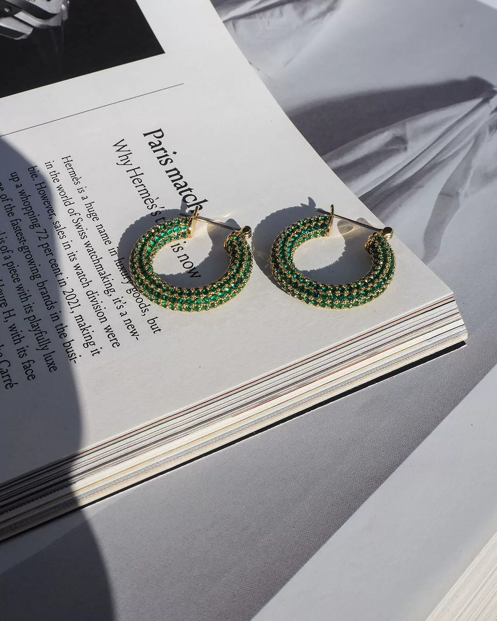 Pave Baby Amalfi Hoops- Emerald Green- Silver