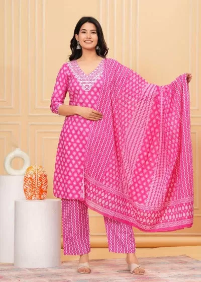 Pink Jaipuri Print Cotton Plus Size Salwar Suit Set