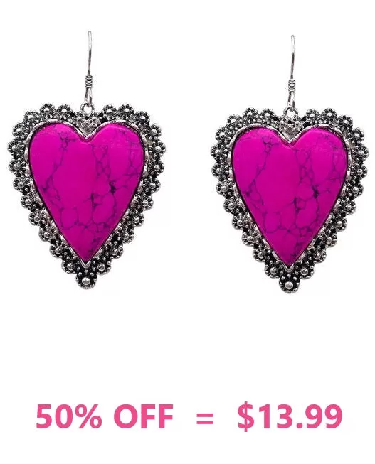 Pink stone heart earrings silver trim