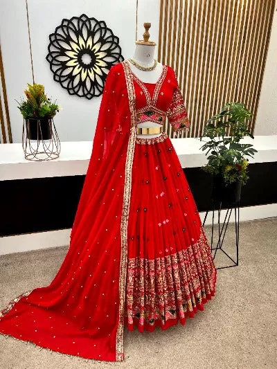 Red V-Neck Georgette Thread Embroidered Lehenga Choli Set