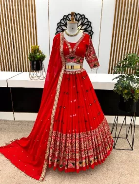 Red V-Neck Georgette Thread Embroidered Lehenga Choli Set