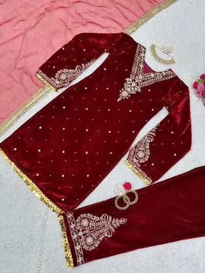 Red Viscous Velvet Heavy Moti & Embroidery Work Salwar Suit Set