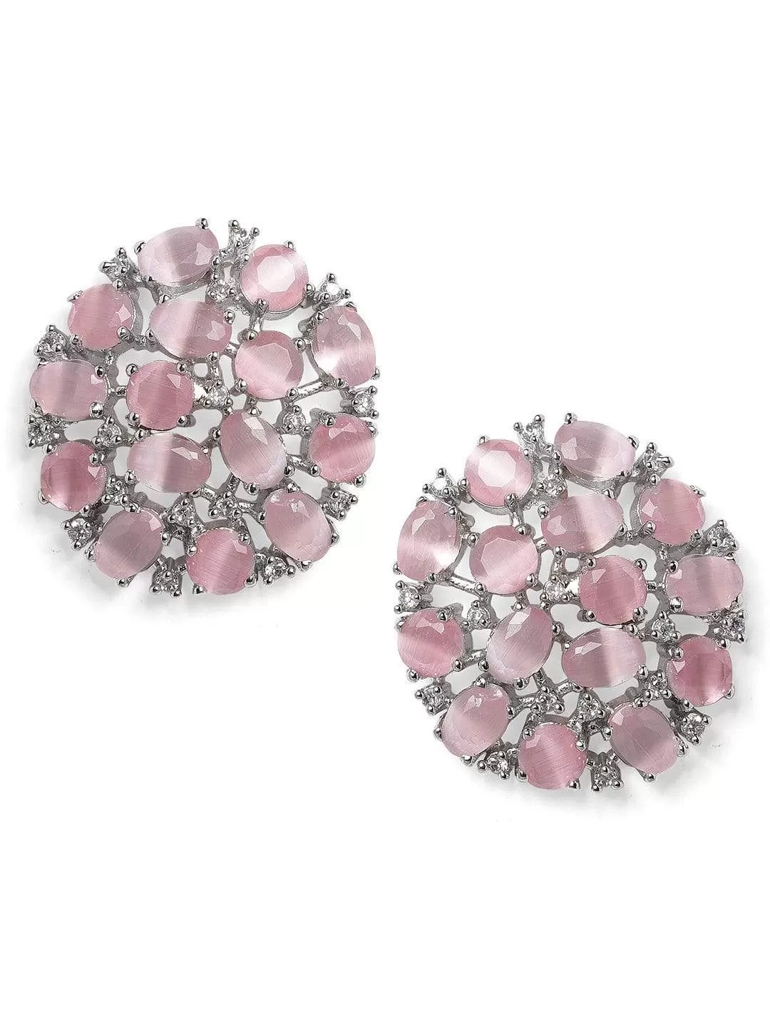 Rubans Silver Plated Handcrafted Pink Zircon Stone Stud Earrings