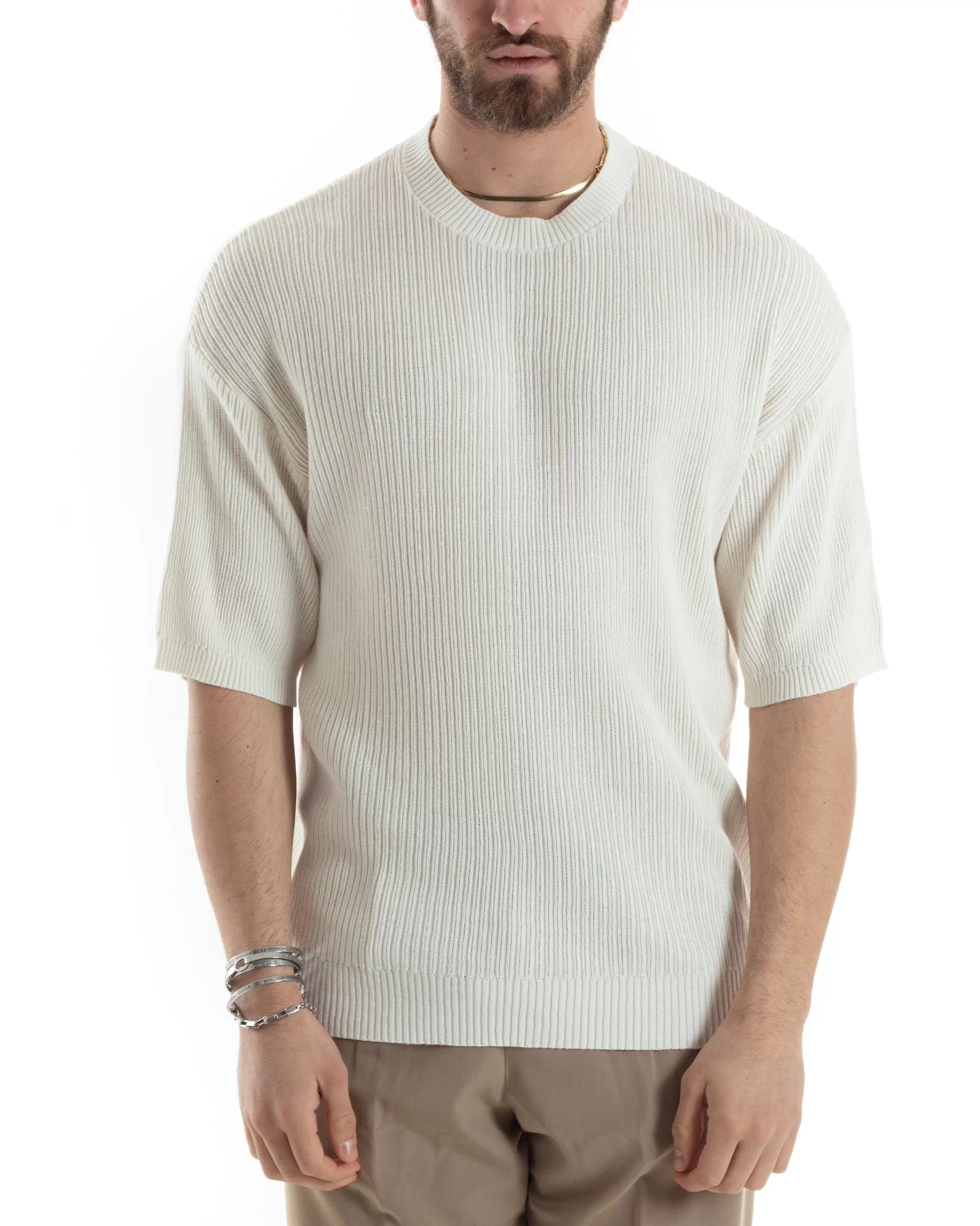 T-shirt Uomo Maglia In Filo A Costine Manica Corta Basic Oversize Panna Casual GIOSAL-TS3000A