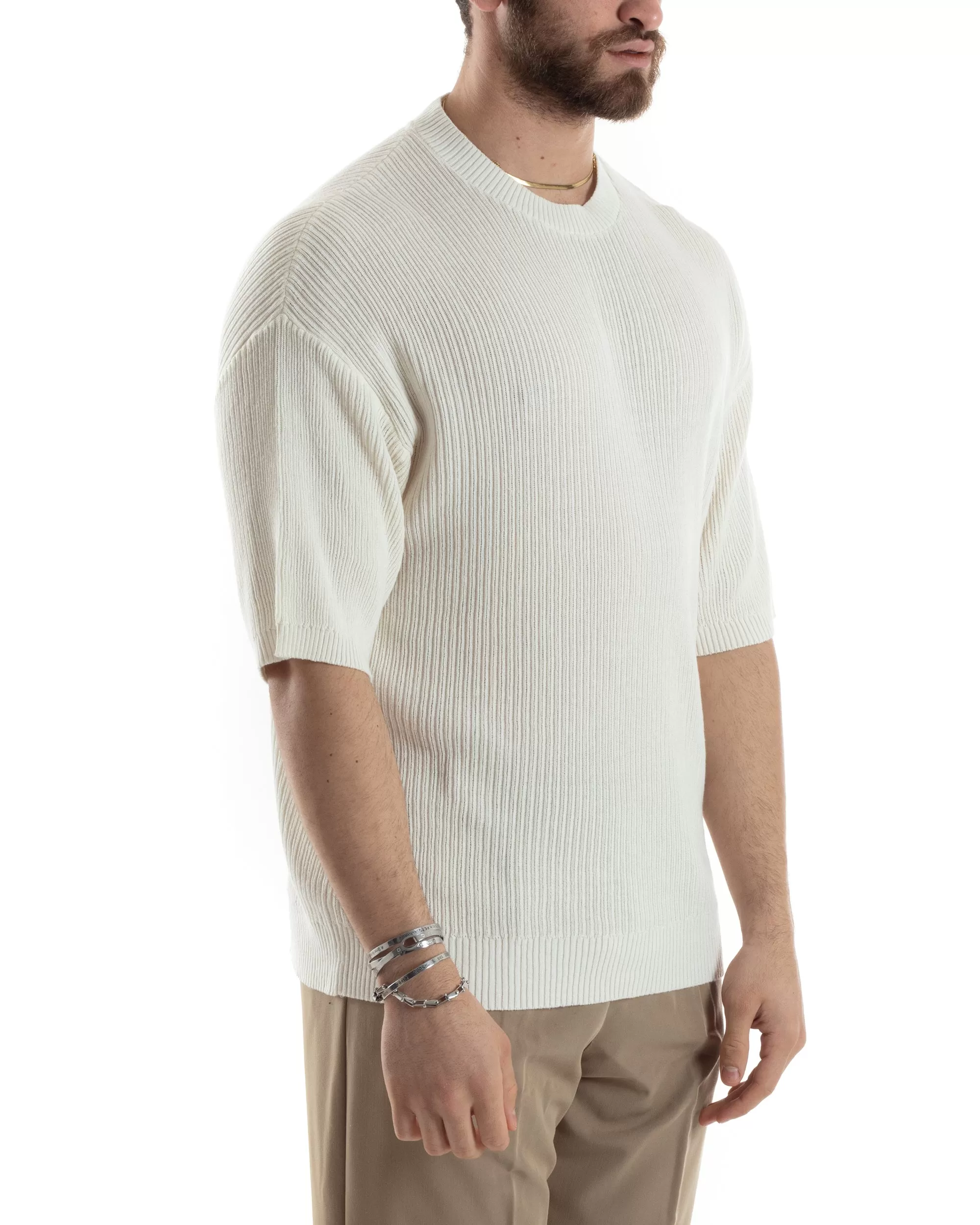 T-shirt Uomo Maglia In Filo A Costine Manica Corta Basic Oversize Panna Casual GIOSAL-TS3000A