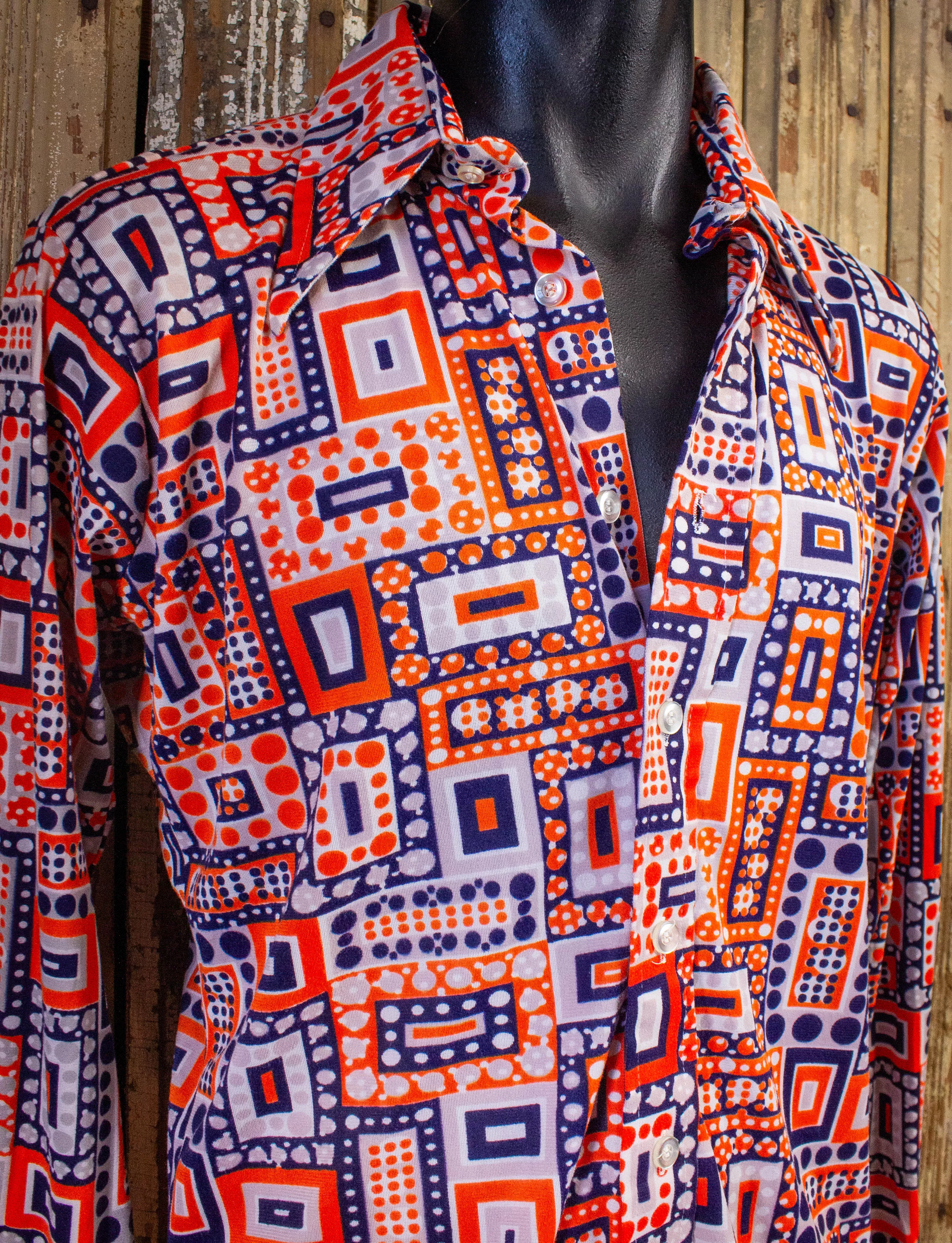 Vintage Monzini Button Up Disco Shirt 70s Blue/White/Orange Large