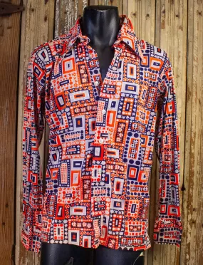 Vintage Monzini Button Up Disco Shirt 70s Blue/White/Orange Large