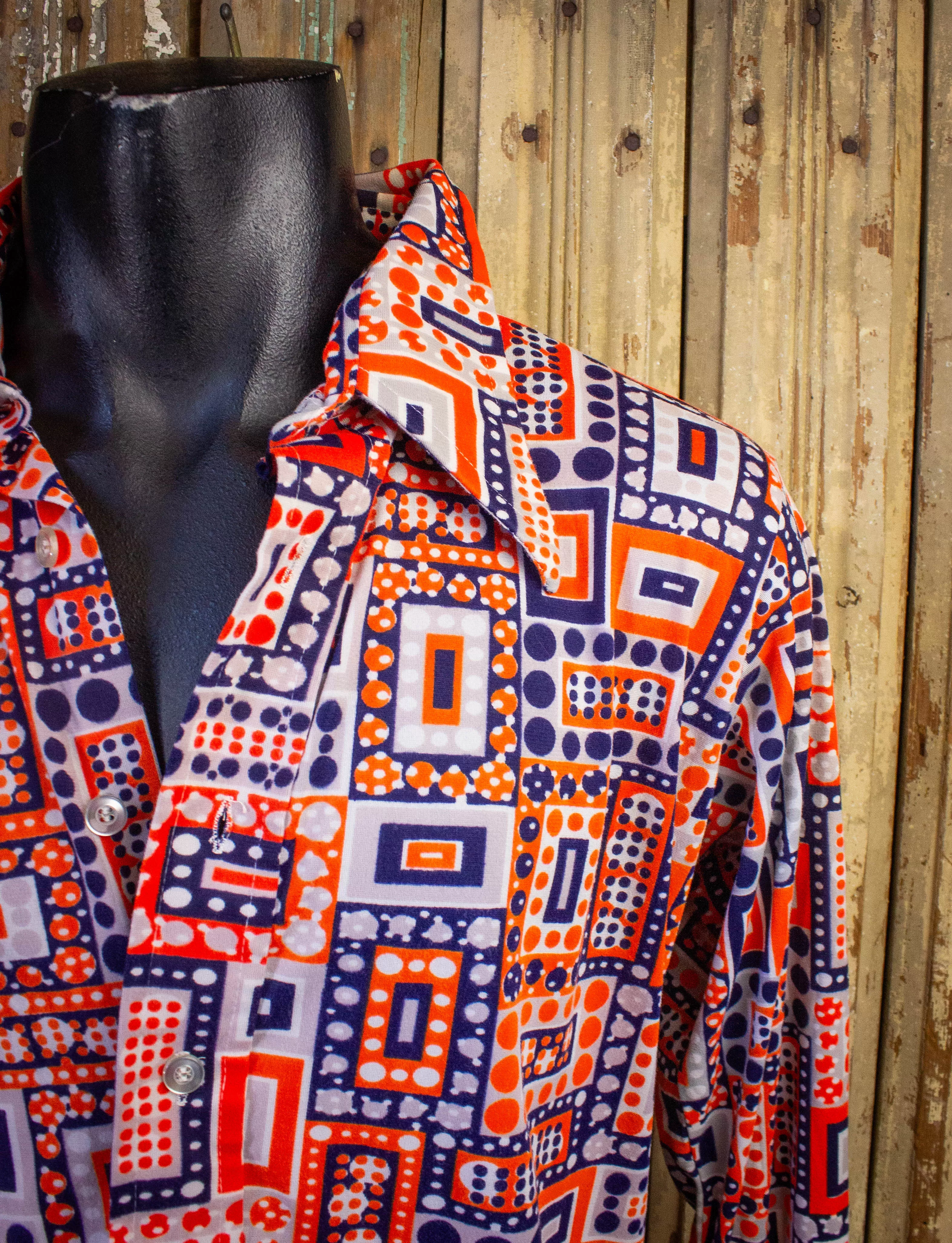 Vintage Monzini Button Up Disco Shirt 70s Blue/White/Orange Large