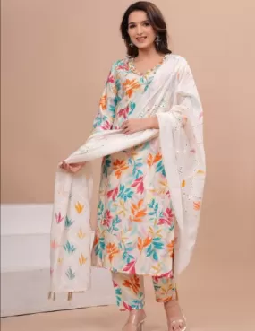 White Muslin Multicolour Leaf Print Salwar Suit Set