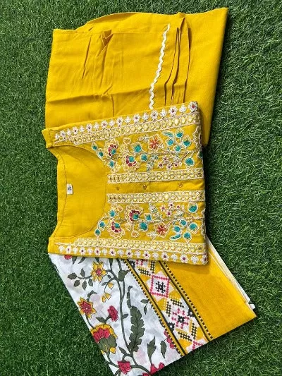 Yellow Embroidered Addha  Work Salwar Suit Set